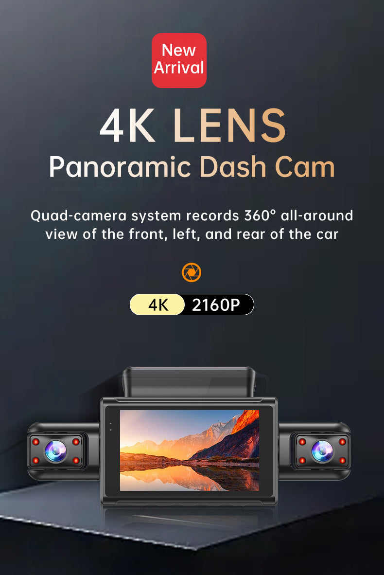 YZKNG New 360° Panoramic Car Dash Cam, HD 4-Lens, Reverse Image, Parking Monitoring