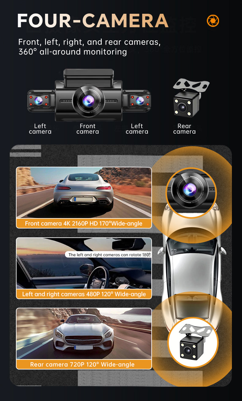 YZKNG New 360° Panoramic Car Dash Cam, HD 4-Lens, Reverse Image, Parking Monitoring